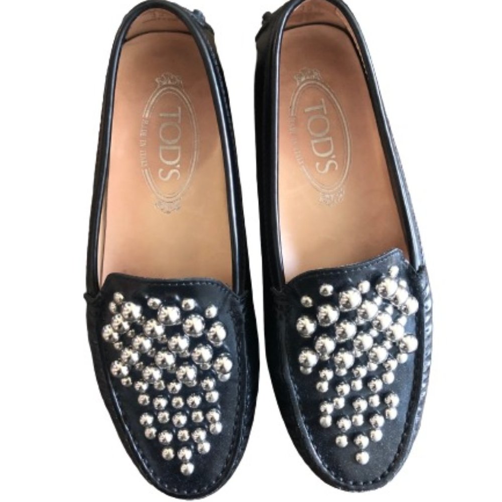 Tod's Black Leather Embellished Driving Slip On Gommino Loafers